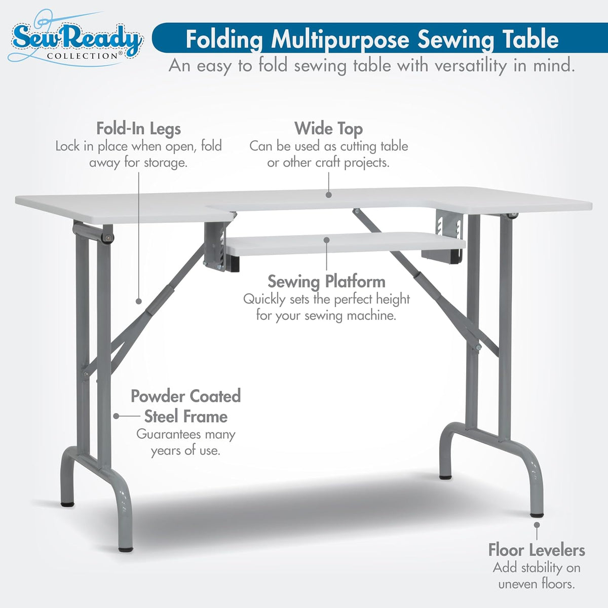Sew Ready Folding Multipurpose Sewing Table - 47.5" W x 28" D Foldable White Hobby and Sewing Machine Table with Adjustable Shelf - Can Also Be Used as Computer Desk