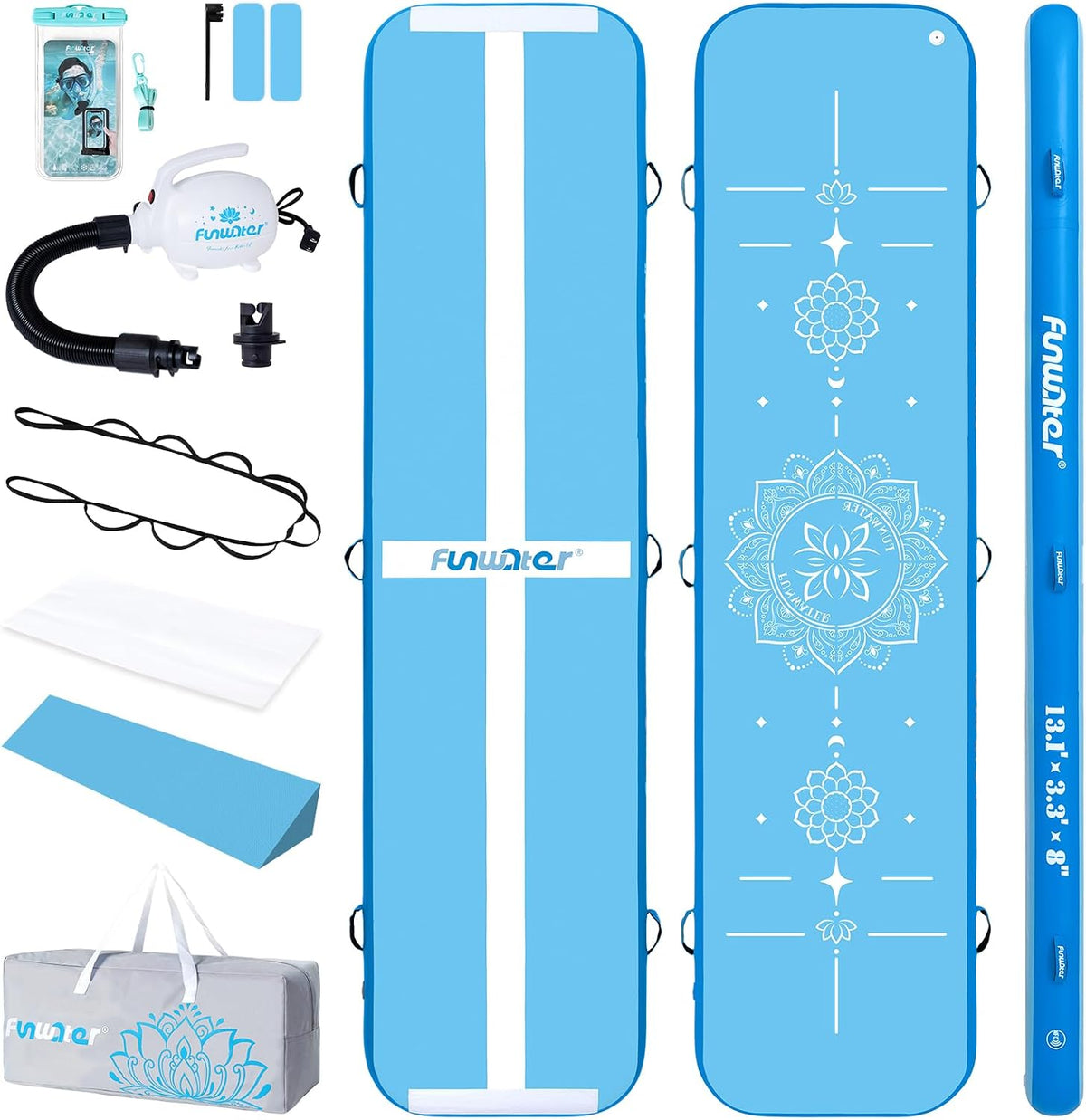 FunWater 13ft Inflatable Gymnastics Tumble Track Tumbling Mat 8in Thick Air Floor Tumble Track with Electric Pump for Cheer Leading/Gymnastics/Beach/Gym/Home