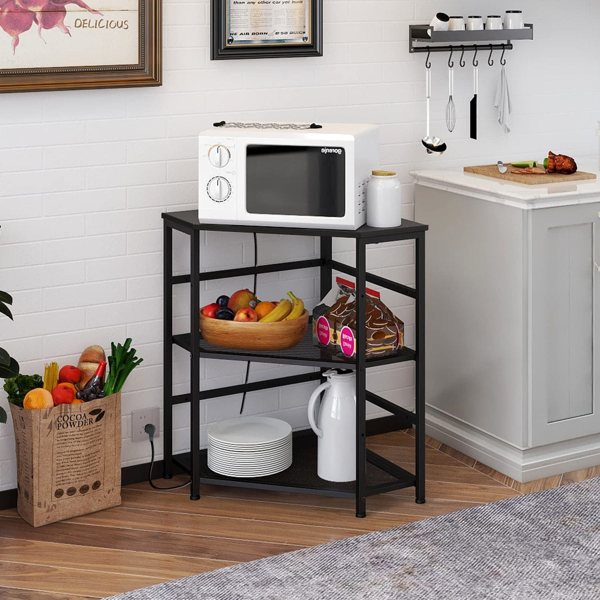 VEDECASA Corner Printer Stand Table with Power Outlet Charging Plugs USB Port Adjustable Storage Shelf Computer Tower CPU Stand Holder for Home Office (Brown)