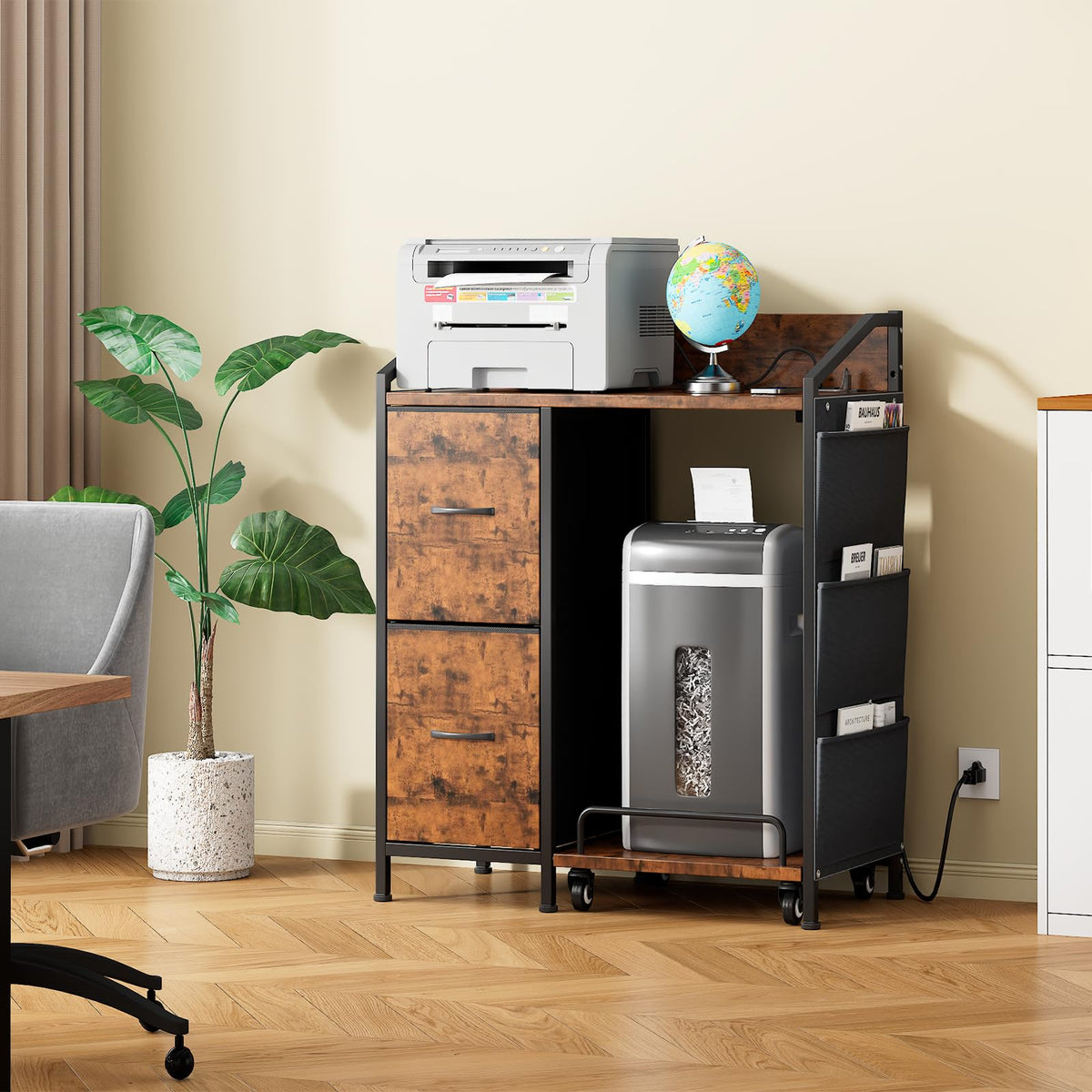 Printer Stand with Storage, Lateral Office Filing Cabinets with Power outlets & USB Charging Port, File Cabinet with Large Printer Stands for Home Office, Shredder Stand Rack (Black)