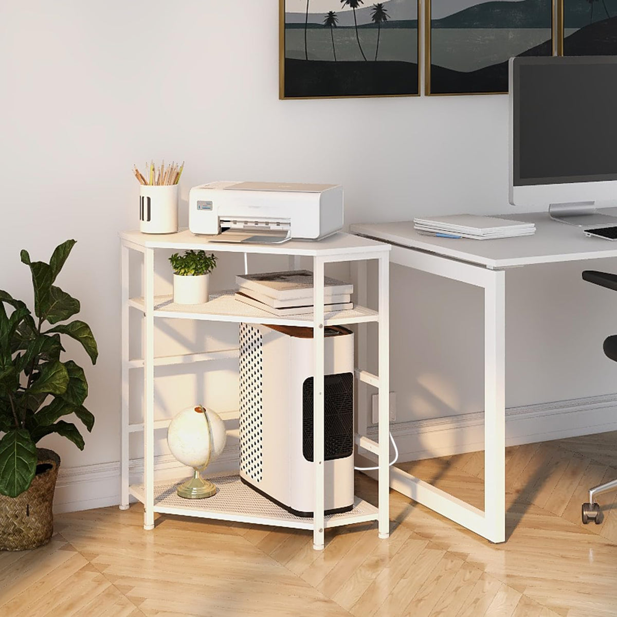 VEDECASA Corner Printer Stand Table with Power Outlet Charging Plugs USB Port Adjustable Storage Shelf Computer Tower CPU Stand Holder for Home Office (Brown)
