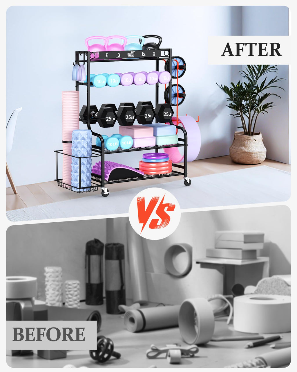 Mythinglogic Home Gym Storage Rack with Wheels for Dumbbells and Yoga Mats