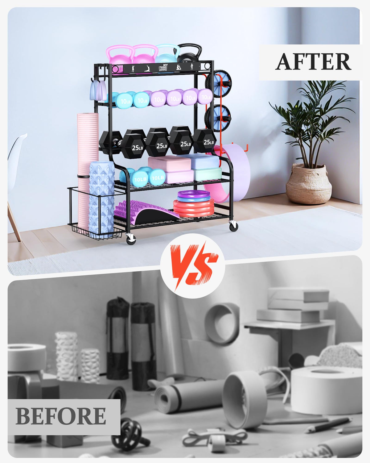 Mythinglogic Home Gym Storage Rack with Wheels for Dumbbells and Yoga Mats