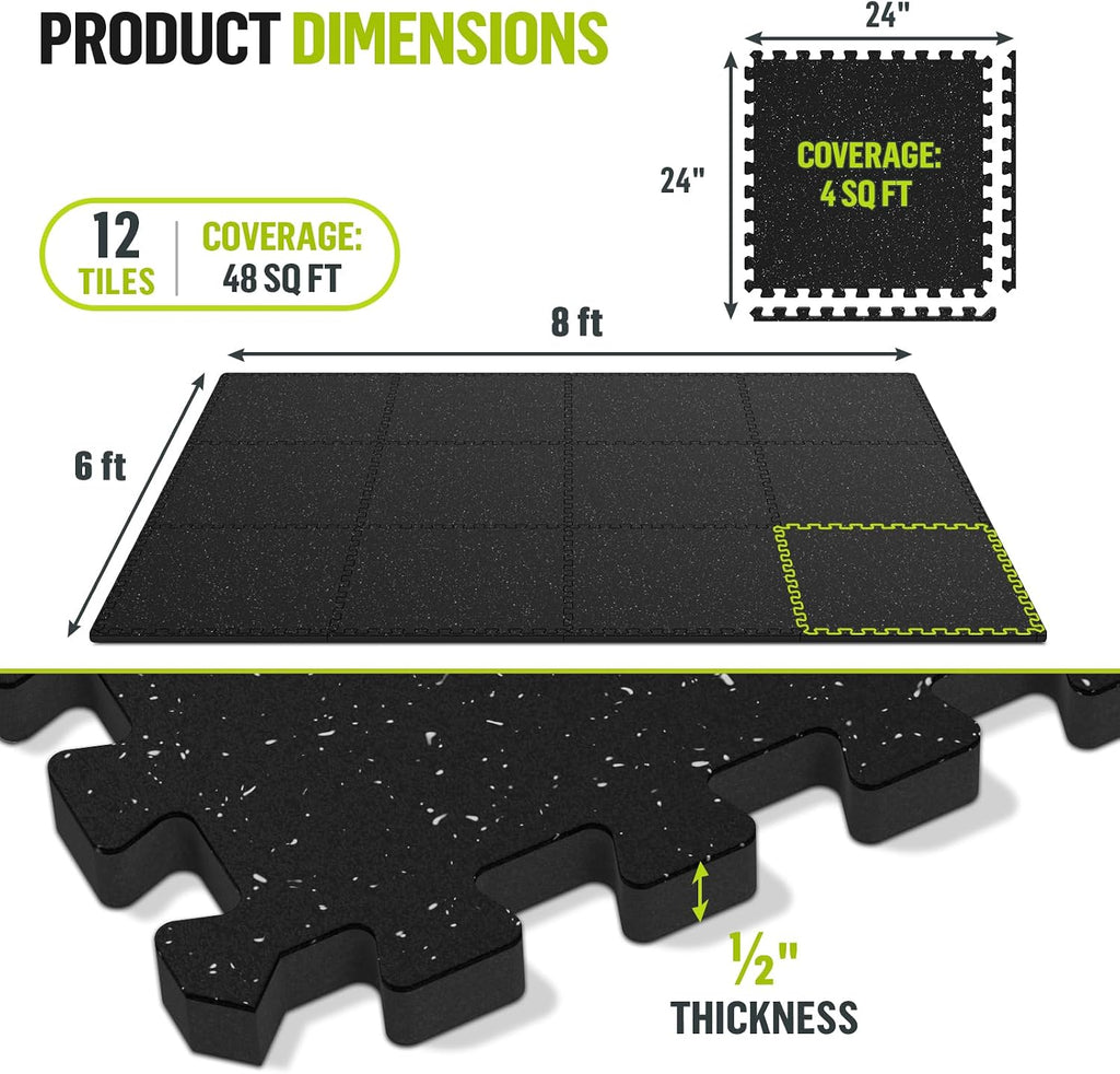 ProsourceFit Rubber Top Exercise Puzzle Mat Â½-inch, EVA Foam, Protective Interlocking Tiles for Home Gym Equipment and Workouts; Grey, 48 SQ FT, 12 Tiles