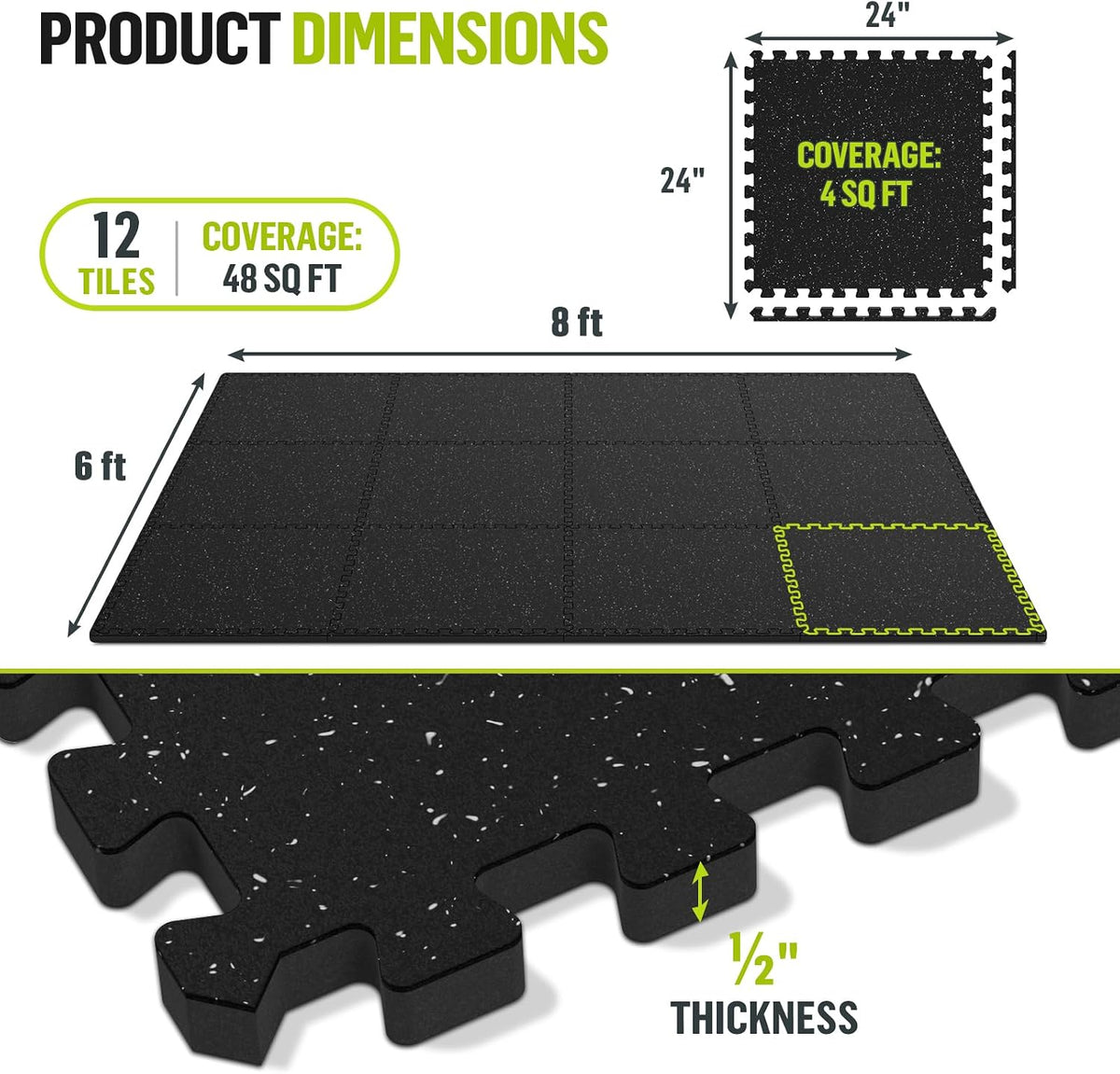 ProsourceFit Rubber Top Exercise Puzzle Mat Â½-inch, EVA Foam, Protective Interlocking Tiles for Home Gym Equipment and Workouts; Grey, 48 SQ FT, 12 Tiles