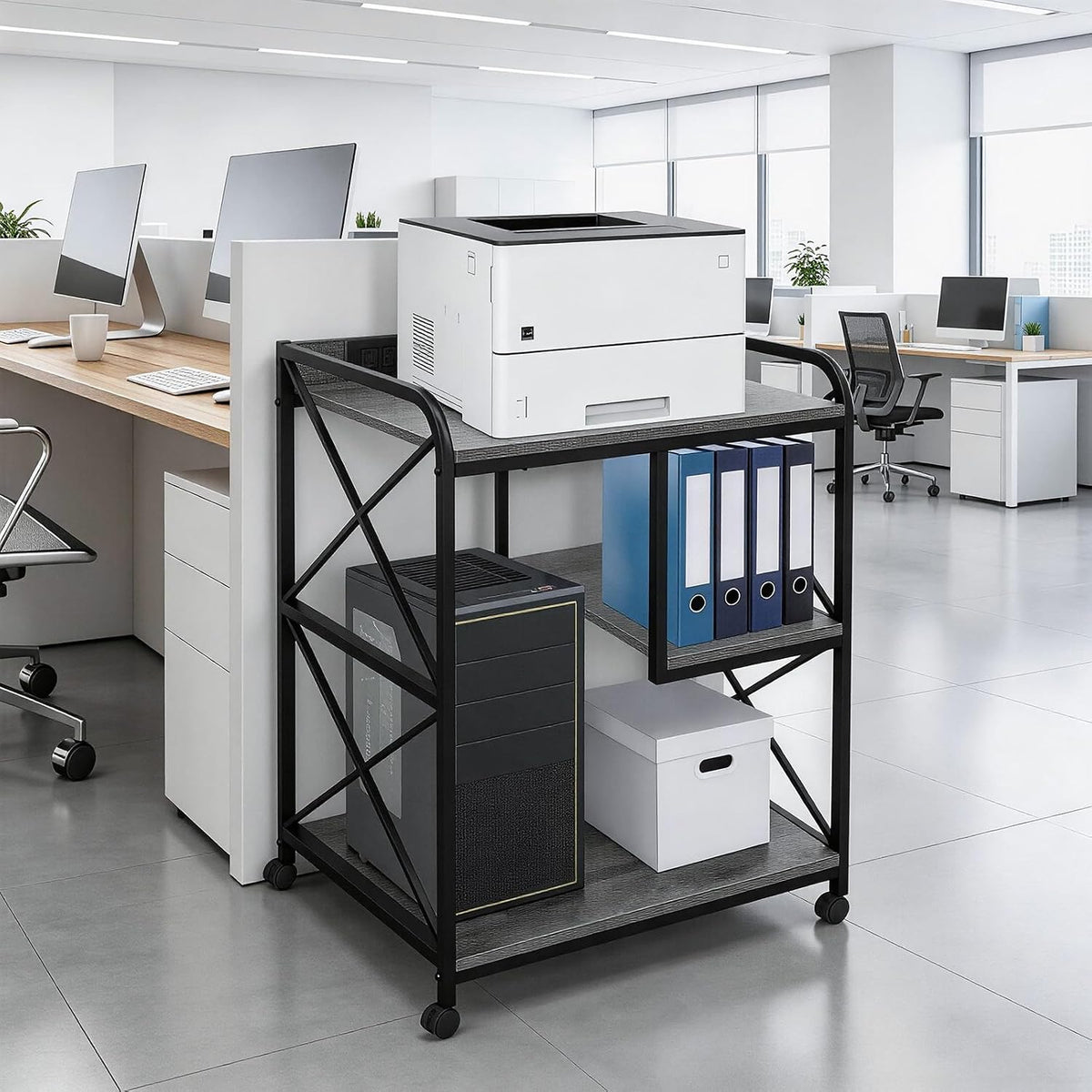 Printer Stand with Storage Shelf, Large Printer Table with Wheels for Home Office, 23 x 18 Inch Printer Shelf with Power Outlet USB Port, Computer Tower Stand, Grey