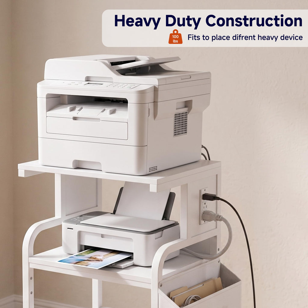 Tall Printer Stand with Charging Station, 4-Tier Mobile Cart, White
