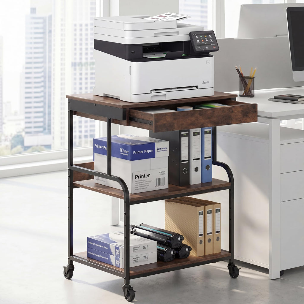 Tall Printer Stand with Charging Station, 4-Tier Mobile Cart, White