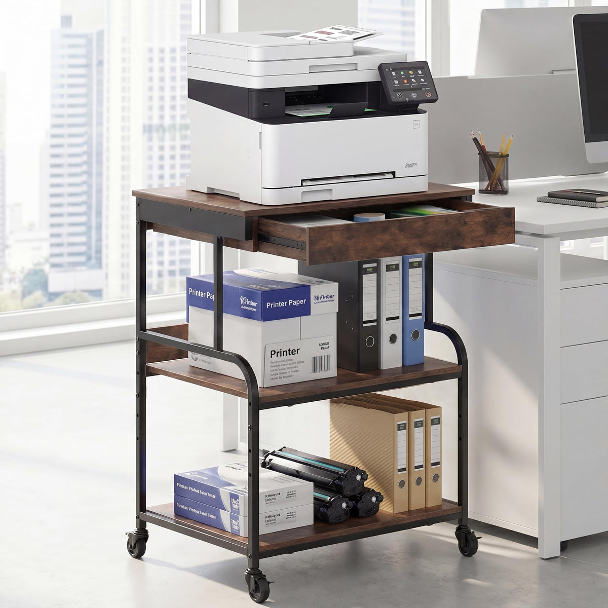 Tall Printer Stand with Charging Station, 4-Tier Mobile Cart, White