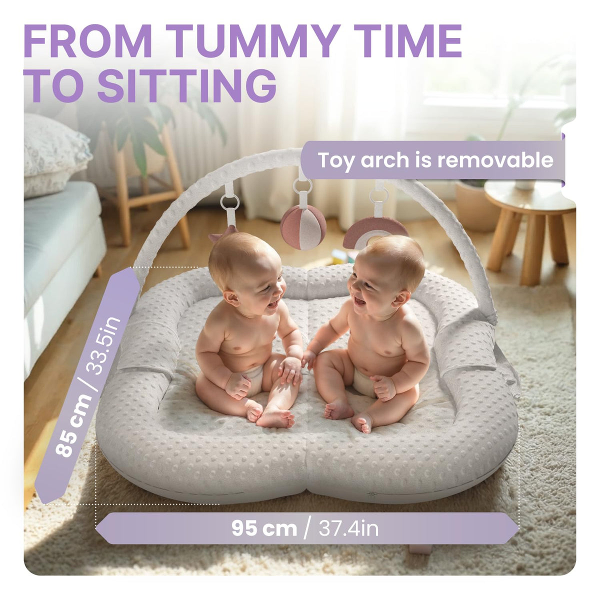 Twins Baby Play Mats for Floor Activity Gym - 5-in-1 Support Cushion Baby Play Mat Tummy Time Mat for Supervised Bonding with Arch, Plush Toys, Flashcards & Development - Beige