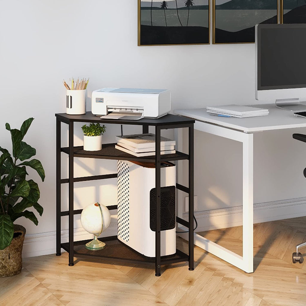 VEDECASA Corner Printer Stand Table with Power Outlet Charging Plugs USB Port Adjustable Storage Shelf Computer Tower CPU Stand Holder for Home Office (Brown)