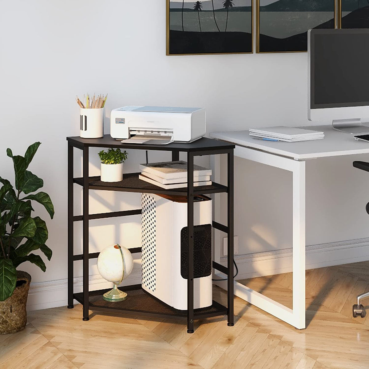 VEDECASA Corner Printer Stand Table with Power Outlet Charging Plugs USB Port Adjustable Storage Shelf Computer Tower CPU Stand Holder for Home Office (Brown)