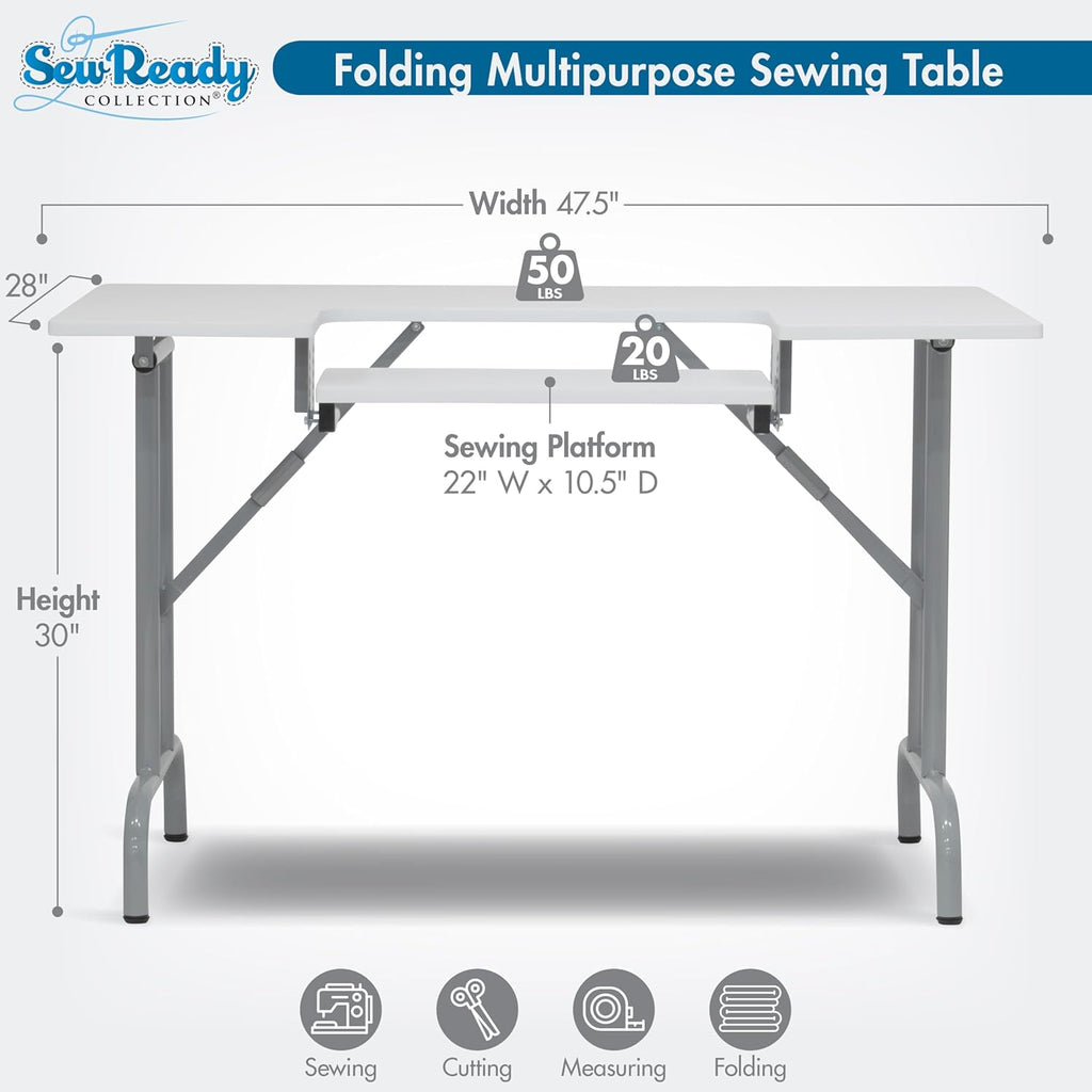 Sew Ready Folding Multipurpose Sewing Table - 47.5" W x 28" D Foldable White Hobby and Sewing Machine Table with Adjustable Shelf - Can Also Be Used as Computer Desk