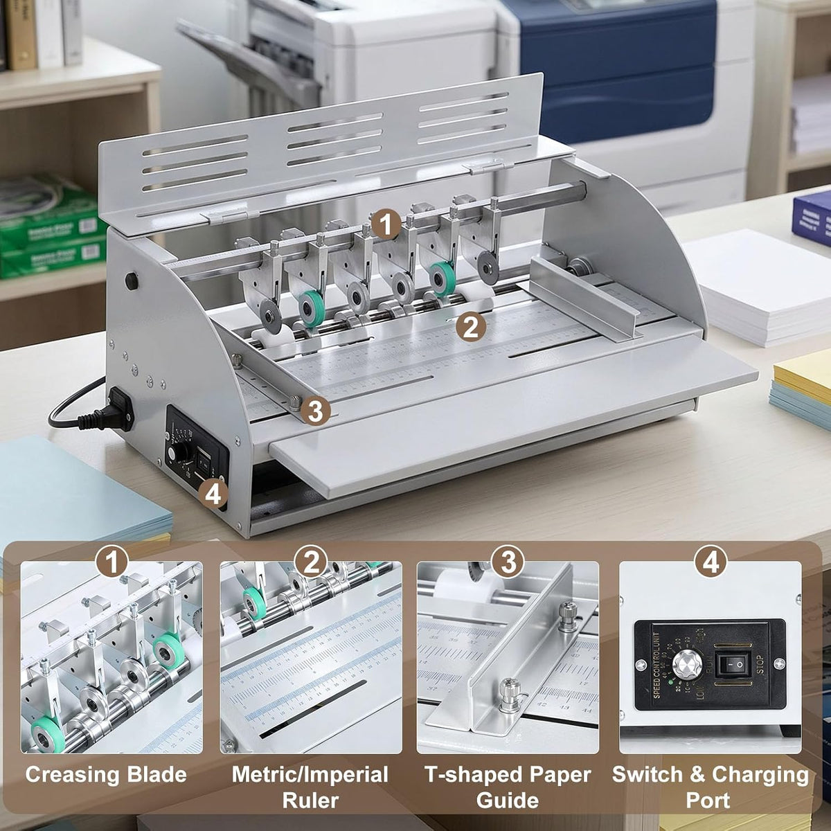 3-in-1 Electric Creasing Machine with Adjustable Speed 0-100r/Min, 18In Wide Paper Creaser Perforator Cutter Folder with Scale Ruler for Cards Invitations Tickets Letters Brochures Flyers, Grey