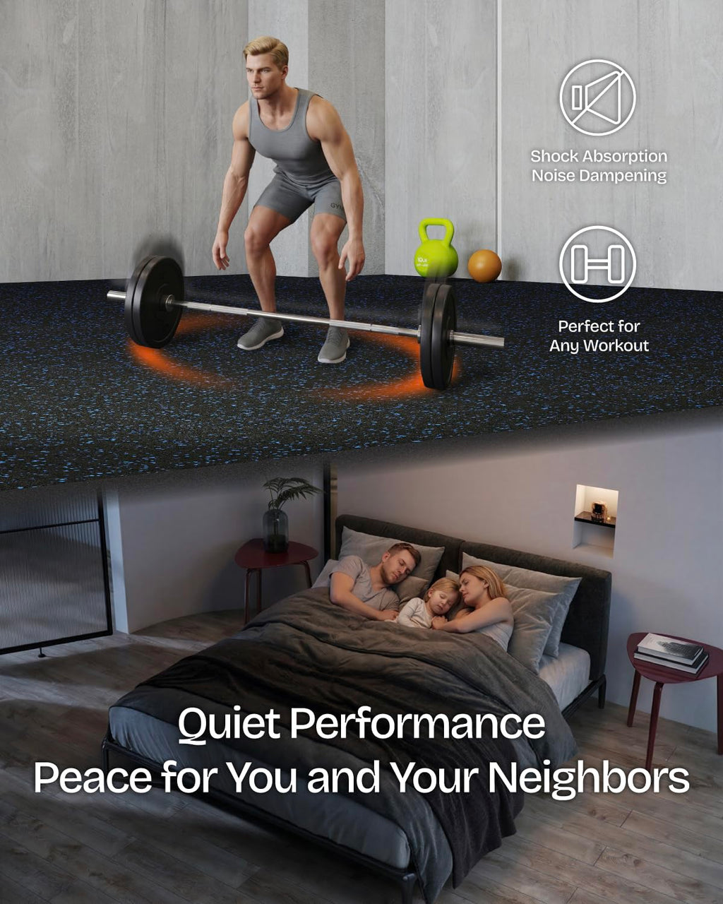 1'' Thick 48 Sq Ft Protective Gym Flooring for Home Gym, 12 Tiles Extra-Thick Rubber Top with High Density EVA Foam, Interlocking Exercise Equipment Mats, Heavy Weight Workout, Black & White