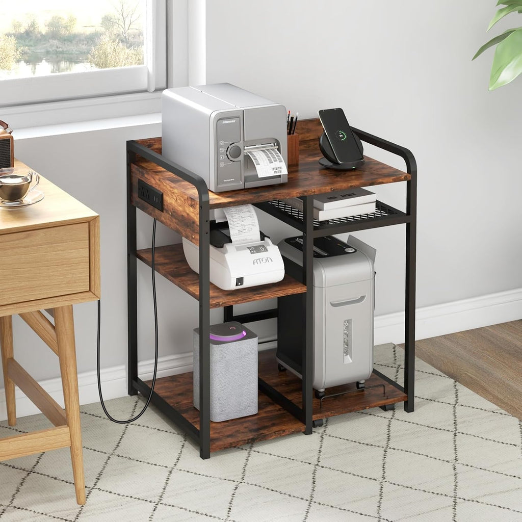 3-Tier Printer Stand with Storage Shelf and Power Outlet for Home Office