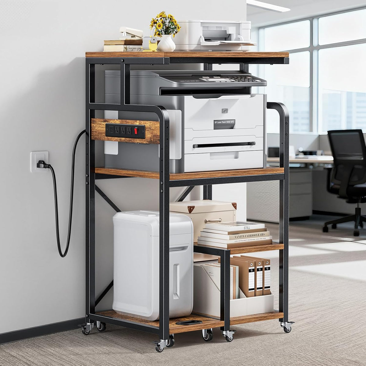 POKIPO 4 Tier Large Printer Stand Table with Power Outlet Adjustable Shelf