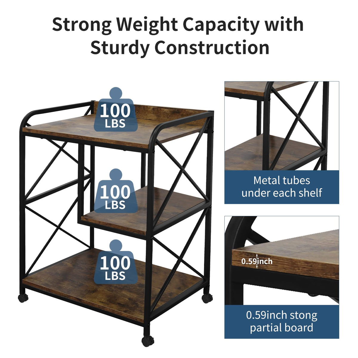 Printer Stand with Storage Shelf, Large Printer Table with Wheels for Home Office, 23 x 18 Inch Printer Shelf with Power Outlet USB Port, Computer Tower Stand, Grey