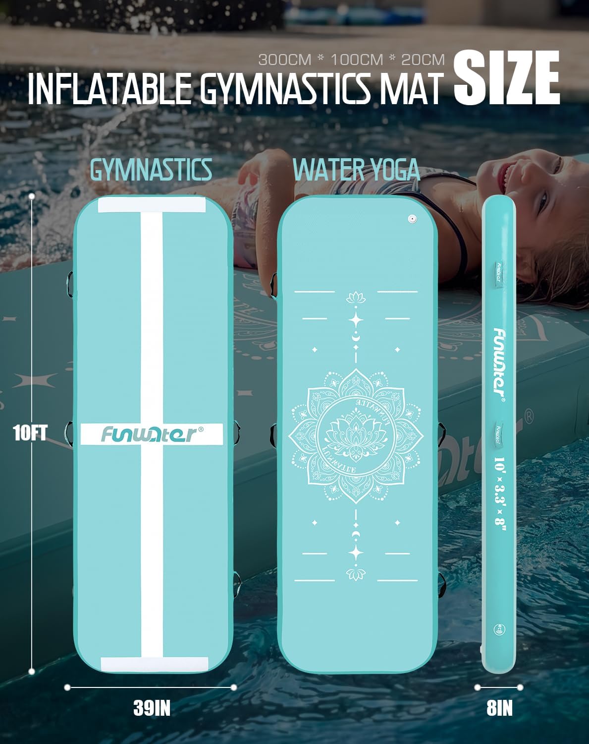 FunWater 10ft Inflatable Gymnastics Tumble Track Tumbling Mat 8in Thick Air Floor Tumble Track with Electric Pump for Cheer Leading/Gymnastics/Beach/Gym/Home