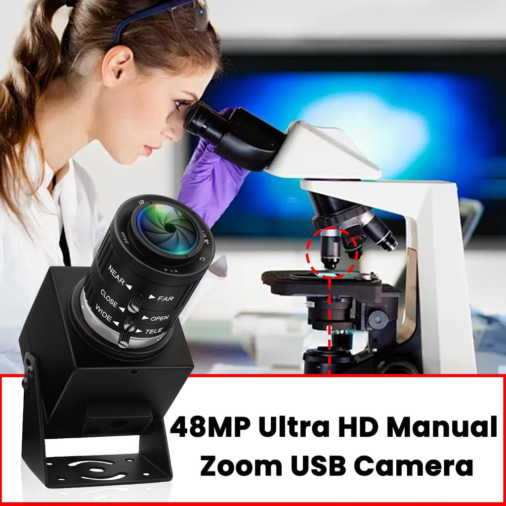 48MP 8K Ultra HD USB Camera, 3.6-10mm 3X Manual Zoom Lens, Plug and Play Close-up Webcam for Lightburn, Laser Engraver, Document Scanning & Face Recognition
