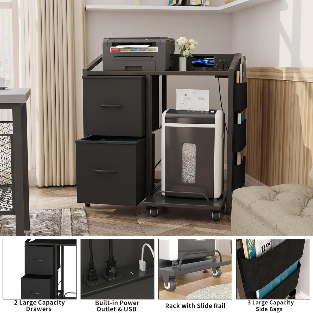 Printer Stand with Storage, Lateral Office Filing Cabinets with Power outlets & USB Charging Port, File Cabinet with Large Printer Stands for Home Office, Shredder Stand Rack (Black)