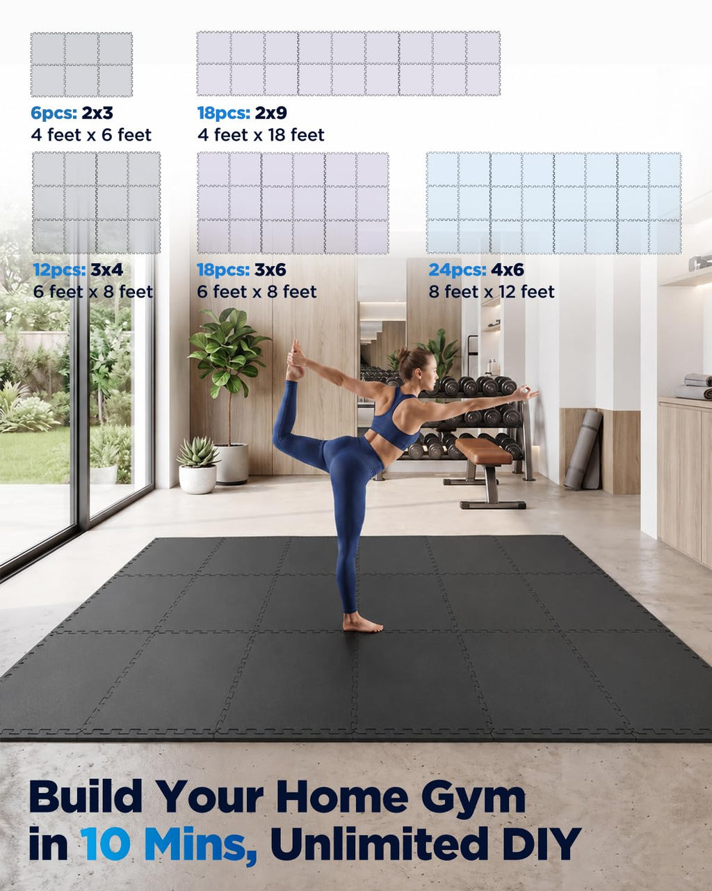0.6" Thicker 12 Pcs Rubber Top Gym Flooring for Home Gym, Gym Mat