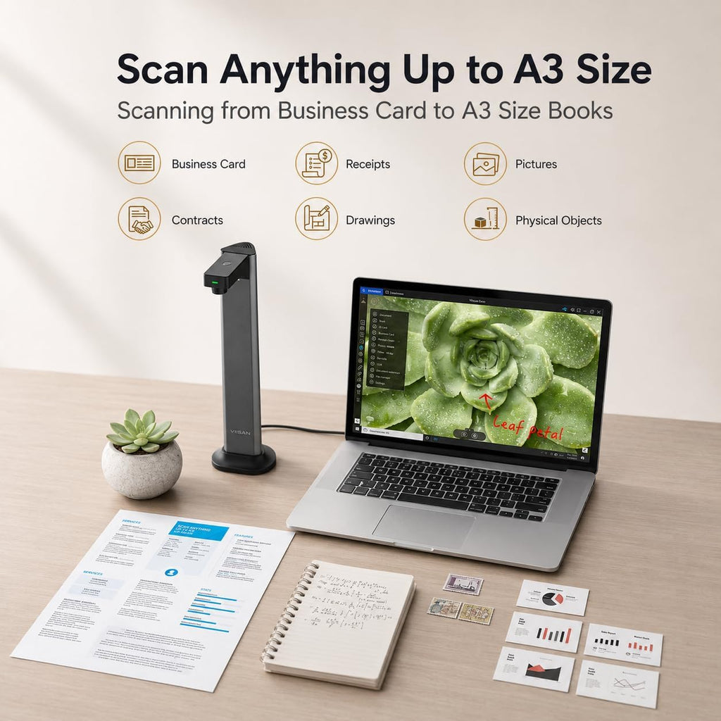 VIISAN DL16 Book Scanner, A3 Overhead Document Scanner with 16MP Camera, 300 DPI, OCR, Auto Page Flattening, Anti-Glare LED Lighting for Books, Archives, Artwork and Large Documents, Windows/Mac