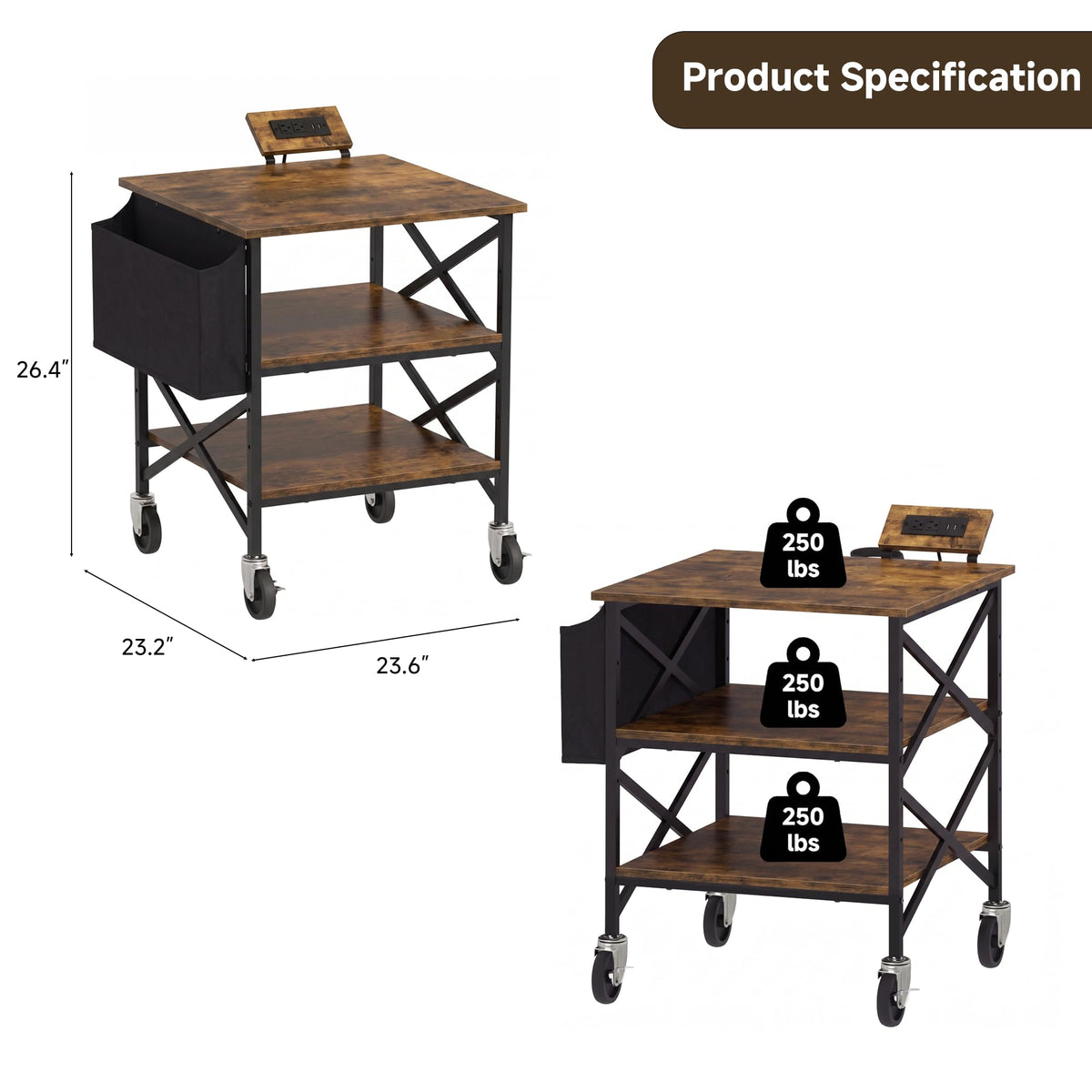 Tall Printer Stand with Charging Station, 4-Tier Mobile Cart, White