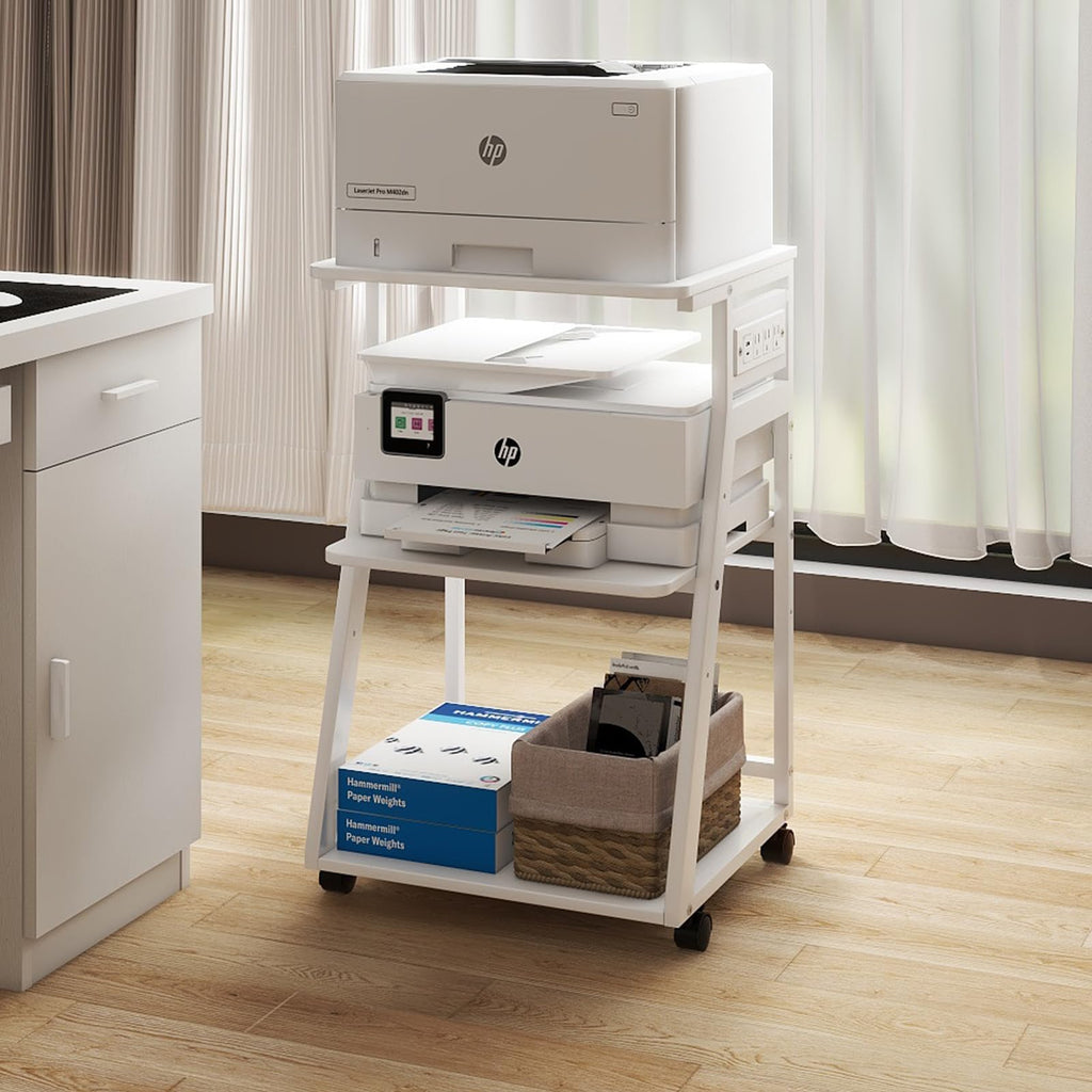 Natwind 3 Tier Large Printer Stand, 24"x20", with Charging Station,White