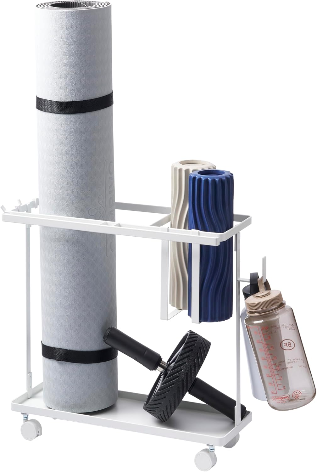 YAMAZAKI Home Rolling Fitness Rack with Adjustable Holder and Hooks, White