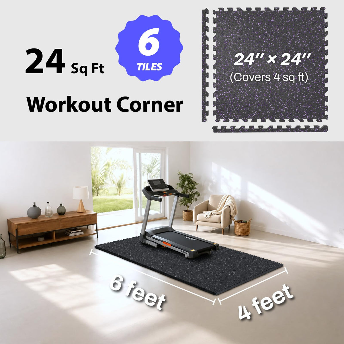 AIRHOP 1'' Ultra-Thick 48 Sq Ft Rubber Top Gym Flooring for Home Gym, 12 Tiles High Density EVA Foam Exercise Mats, Interlocking Puzzle Mats for Home Workout, Floor & Equipment Protection, Black/White