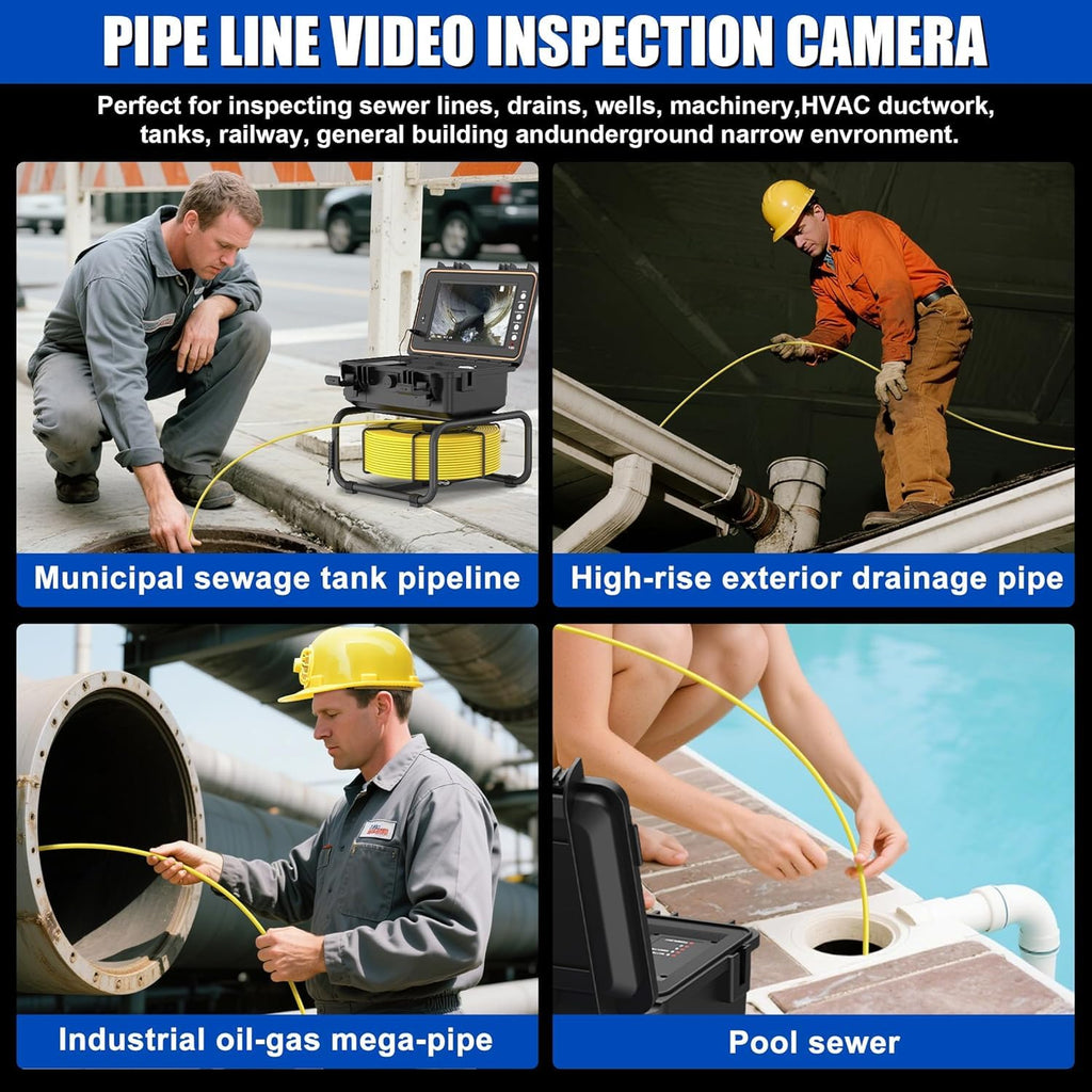 Powerwill Drain Camera with Self-Leveling, 165 ft / 50 m Sewer Pipe Inspection System, 9-Inch 1080P IPS Monitor, IP68-Rated Camera Head, 5 mm Push Cable with Meter Marking, DVR, 5X Zoom, 32GB Card