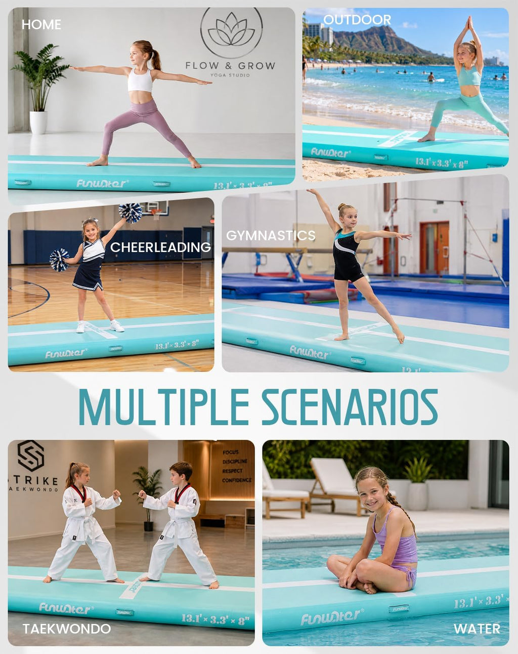 FunWater 13ft Inflatable Gymnastics Tumble Track Tumbling Mat 8in Thick Air Floor Tumble Track with Electric Pump for Cheer Leading/Gymnastics/Beach/Gym/Home