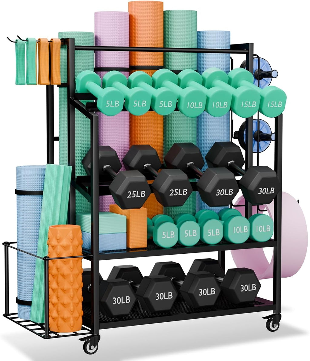 Dumbbell Rack Weight Stand - Adjustable Weight Rack for Dumbbells, Home Gym Storage Rack for Yoga Mat Foam Roller Kettlebells, Workout Equipment Storage Organizer With Wheels
