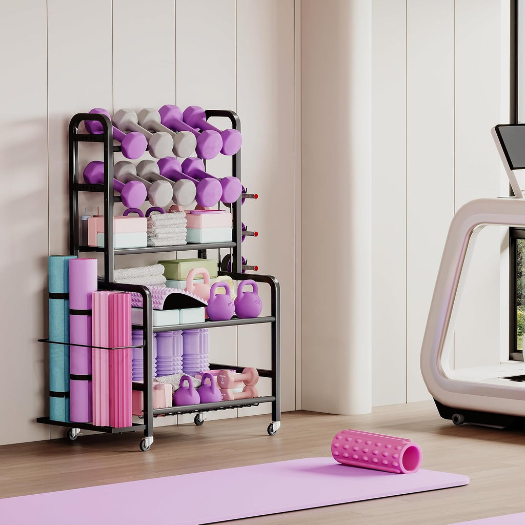 Homeiju Dumbbell Rack, Weight Rack for Home Gym, Yoga Mat Storage Holder with Lockable Wheels, Dumbbell Stand with Hooks, All in One Work out Equipment Storage for Yoga Mat Dumbbell and Balls