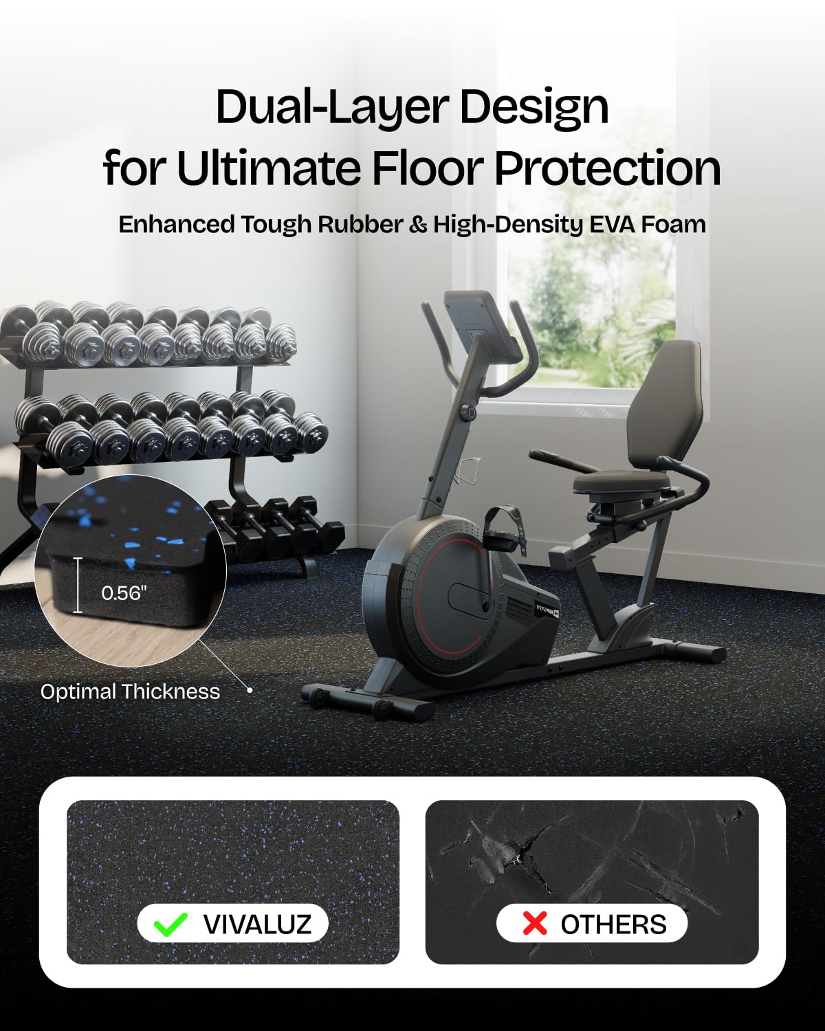 1'' Thick 48 Sq Ft Protective Gym Flooring for Home Gym, 12 Tiles Extra-Thick Rubber Top with High Density EVA Foam, Interlocking Exercise Equipment Mats, Heavy Weight Workout, Black & White