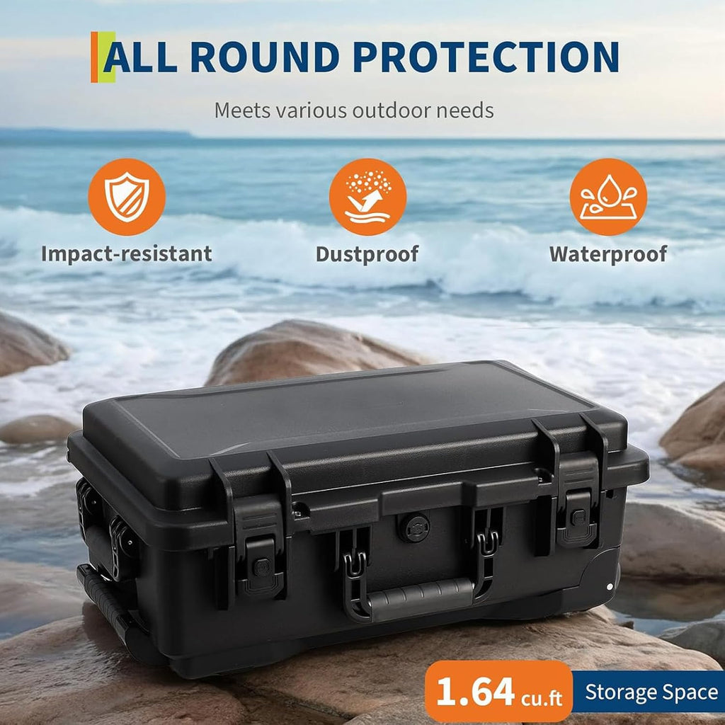 Heavy Duty Waterproof Camera Case for Diving and Outdoor Water Sports â Dustproof, Impact Resistant Dry Box with Padded Dividers, Wheels, 22â x 14â x 9â â Includes Document Bag & Camera Insert