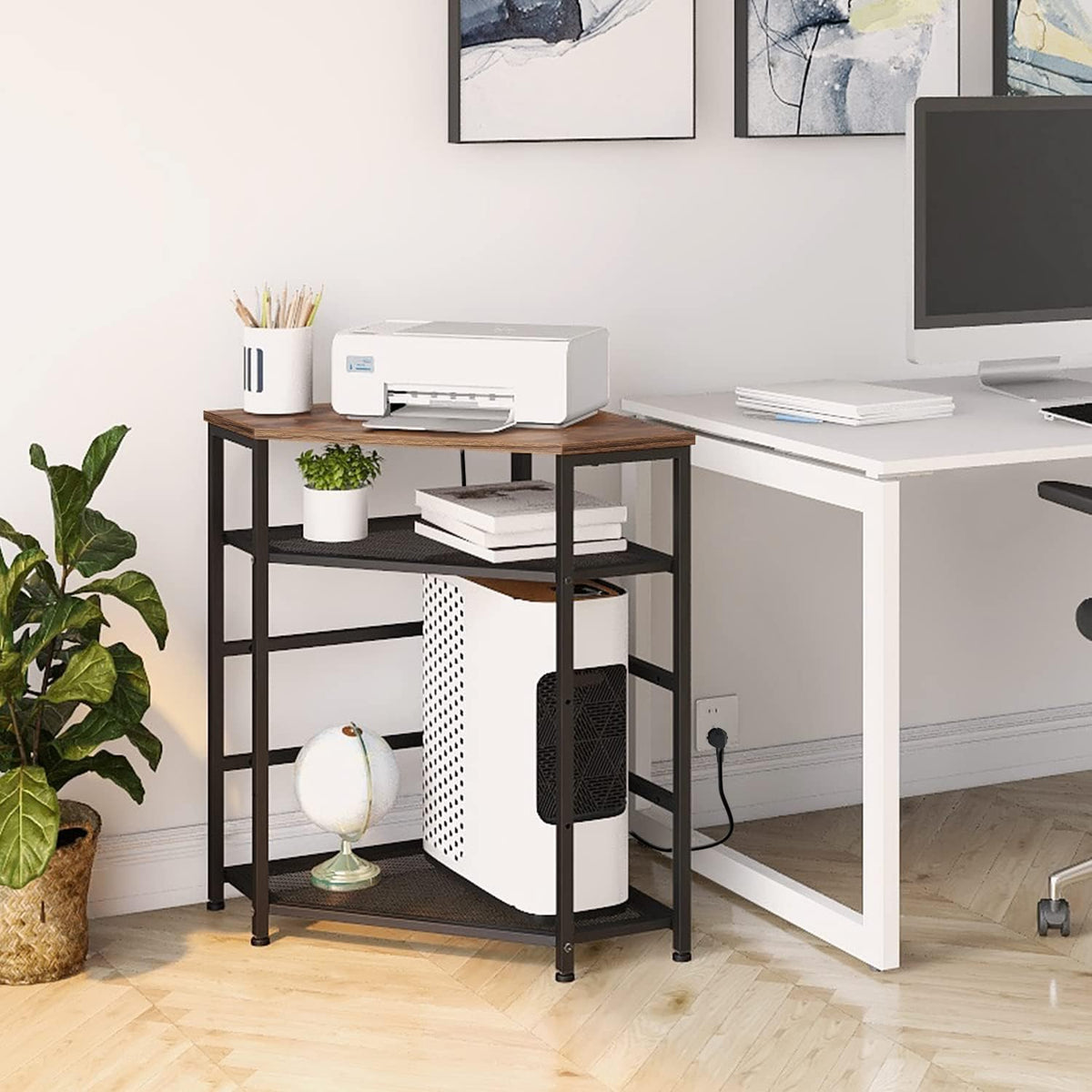 VEDECASA Corner Printer Stand Table with Power Outlet Charging Plugs USB Port Adjustable Storage Shelf Computer Tower CPU Stand Holder for Home Office (Brown)