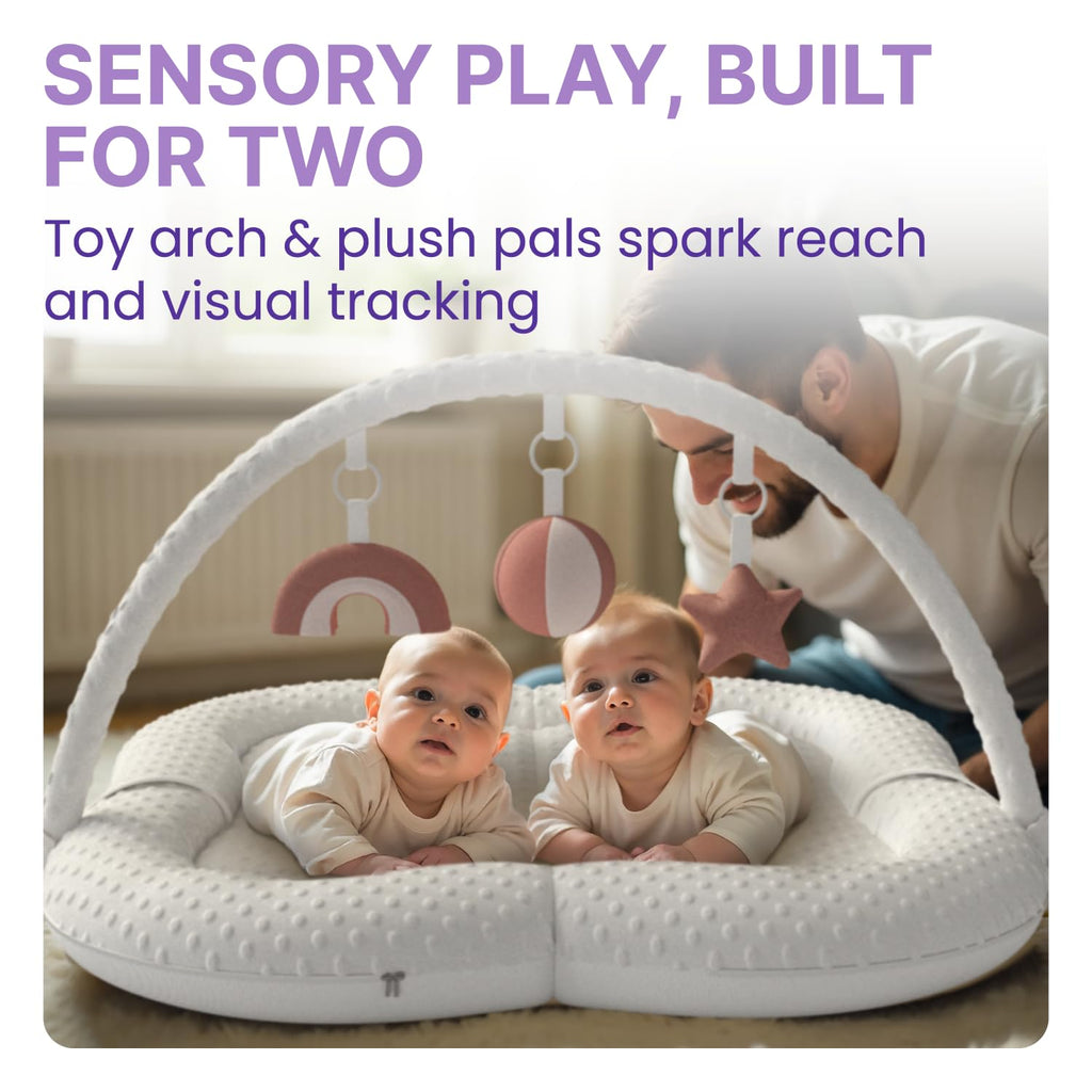 Twins Baby Play Mats for Floor Activity Gym - 5-in-1 Support Cushion Baby Play Mat Tummy Time Mat for Supervised Bonding with Arch, Plush Toys, Flashcards & Development - Beige