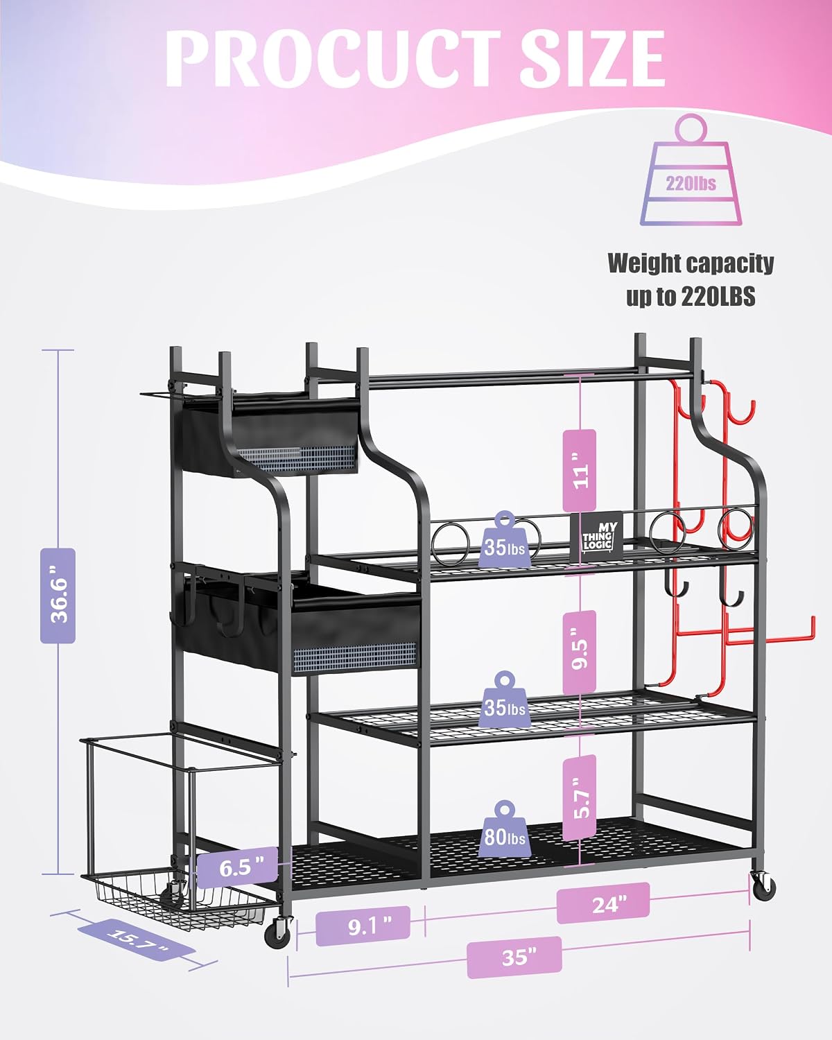 Mythinglogic Home Gym Storage Rack with Wheels for Dumbbells and Yoga Mats