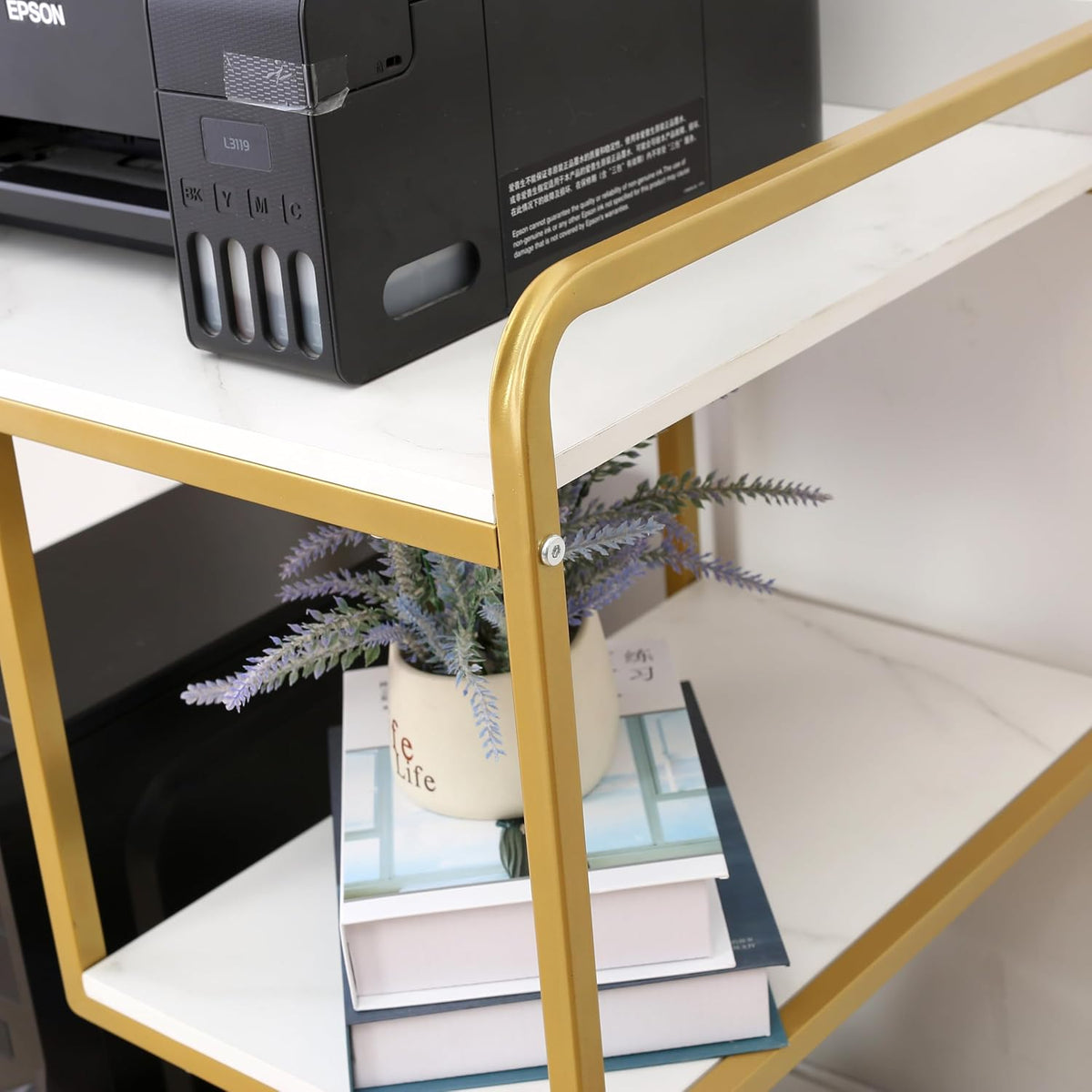 3-Tier Rolling Printer Cart Table Stand Shelves, PC Tower Stand Shelf With Wheels - Under Desk Shelf Unit Storage And Organization, End Sofa Table For Home, Office (White Gold)