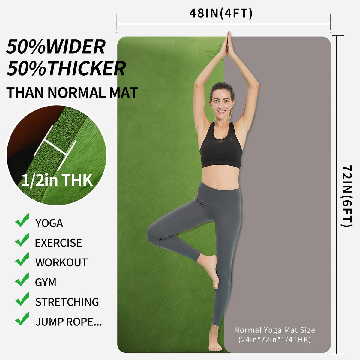 Hatha Yoga Large TPE Yoga Mat 6'x4'x1/2" Extra Thick Non-Slip Exercise Mat - for Yoga Pilates & Home Gym Workouts