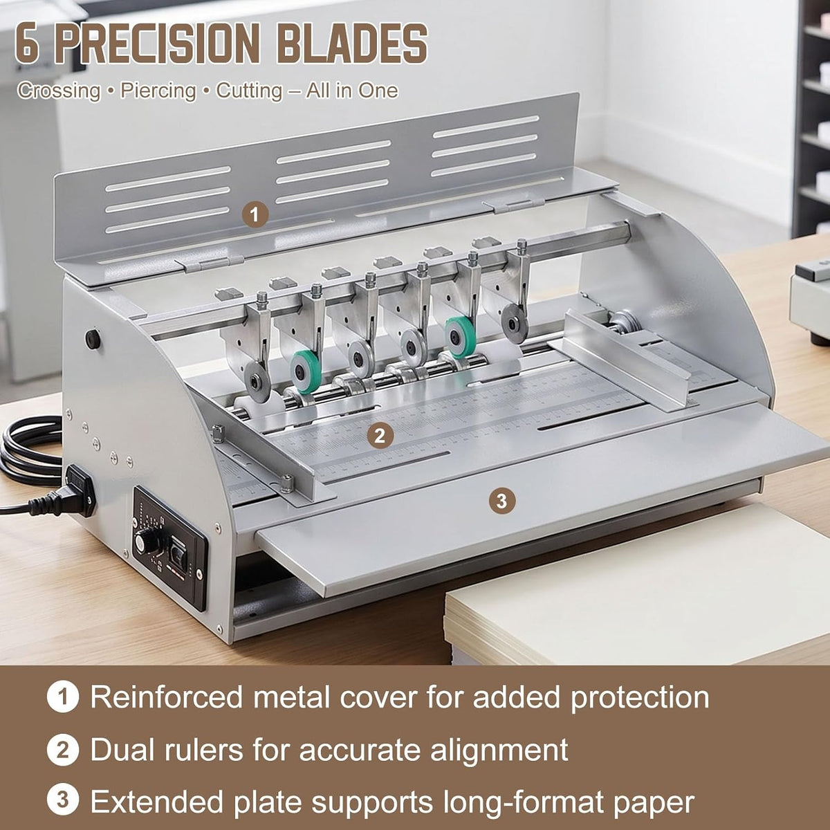 3-in-1 Electric Creasing Machine with Adjustable Speed 0-100r/Min, 18In Wide Paper Creaser Perforator Cutter Folder with Scale Ruler for Cards Invitations Tickets Letters Brochures Flyers, Grey