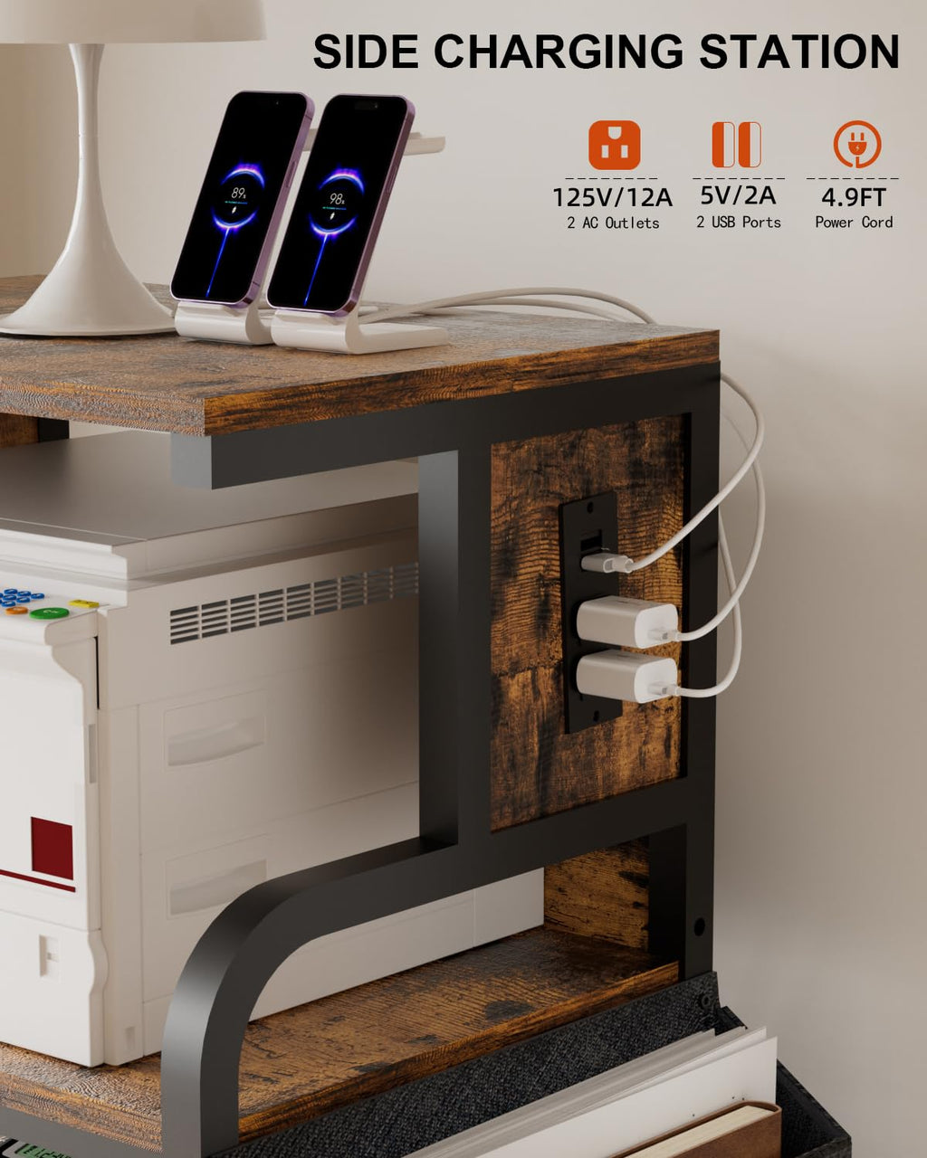 Tall Printer Stand with Charging Station, 4-Tier Mobile Cart, White