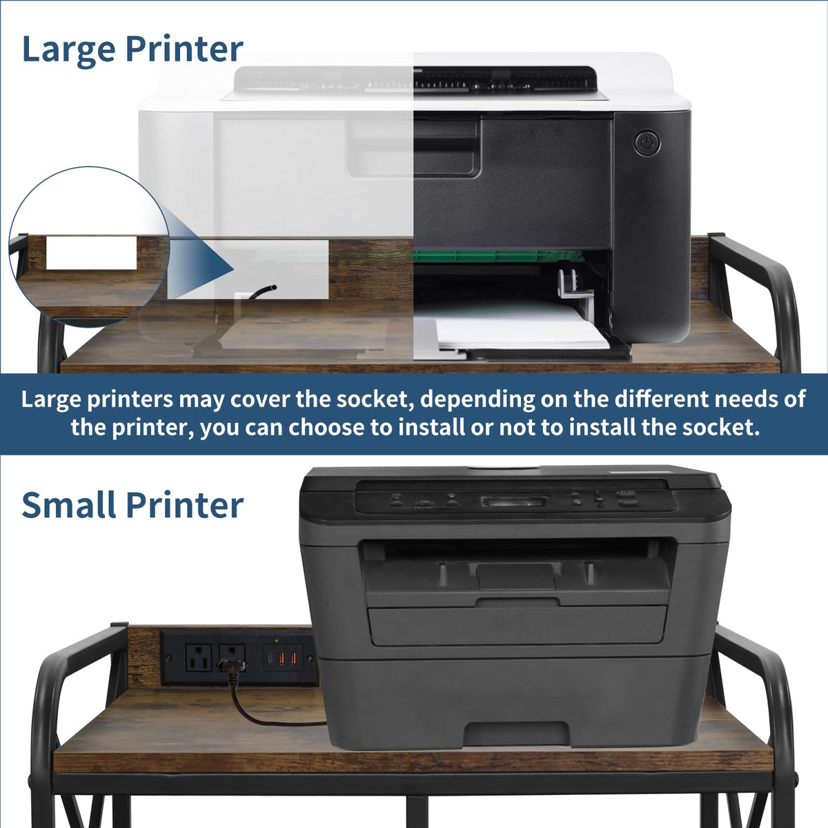 Printer Stand with Storage Shelf, Large Printer Table with Wheels for Home Office, 23 x 18 Inch Printer Shelf with Power Outlet USB Port, Computer Tower Stand, Grey