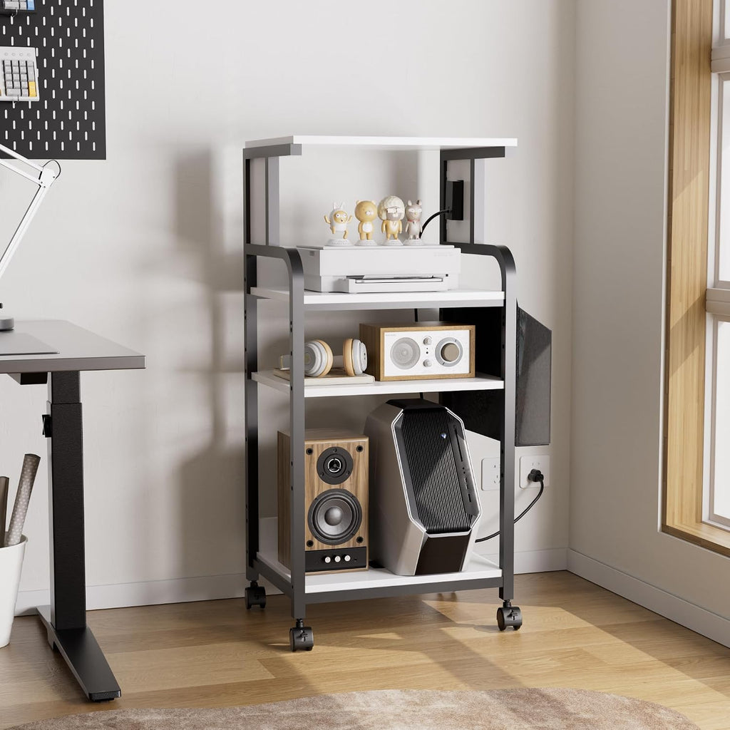 Tall Printer Stand with Charging Station, 4-Tier Mobile Cart, White