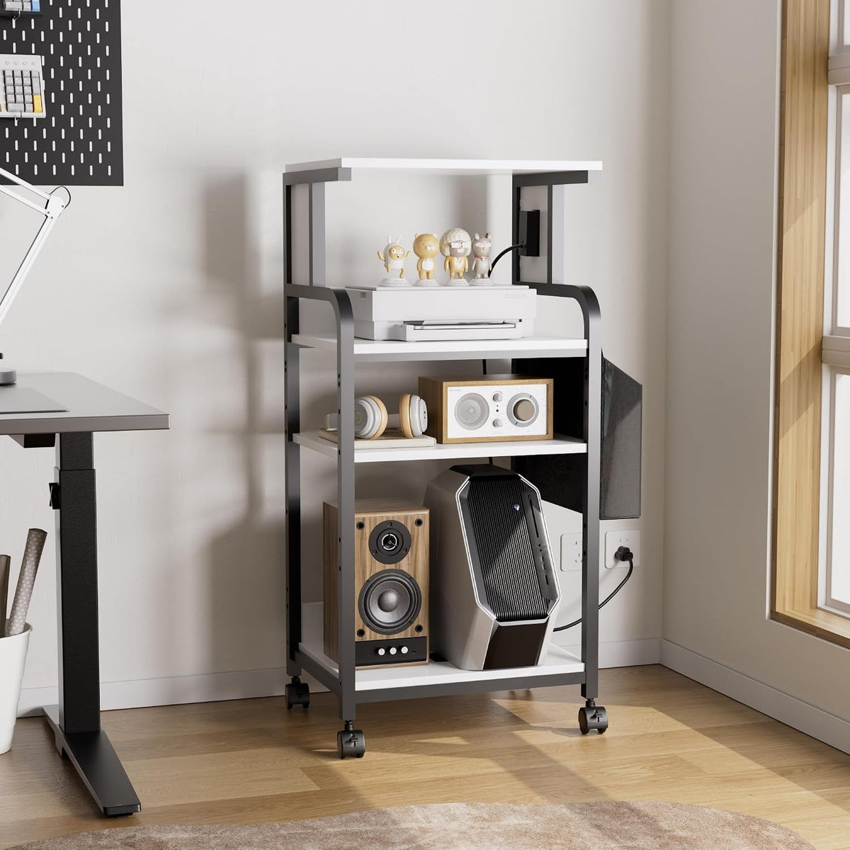 Tall Printer Stand with Charging Station, 4-Tier Mobile Cart, White