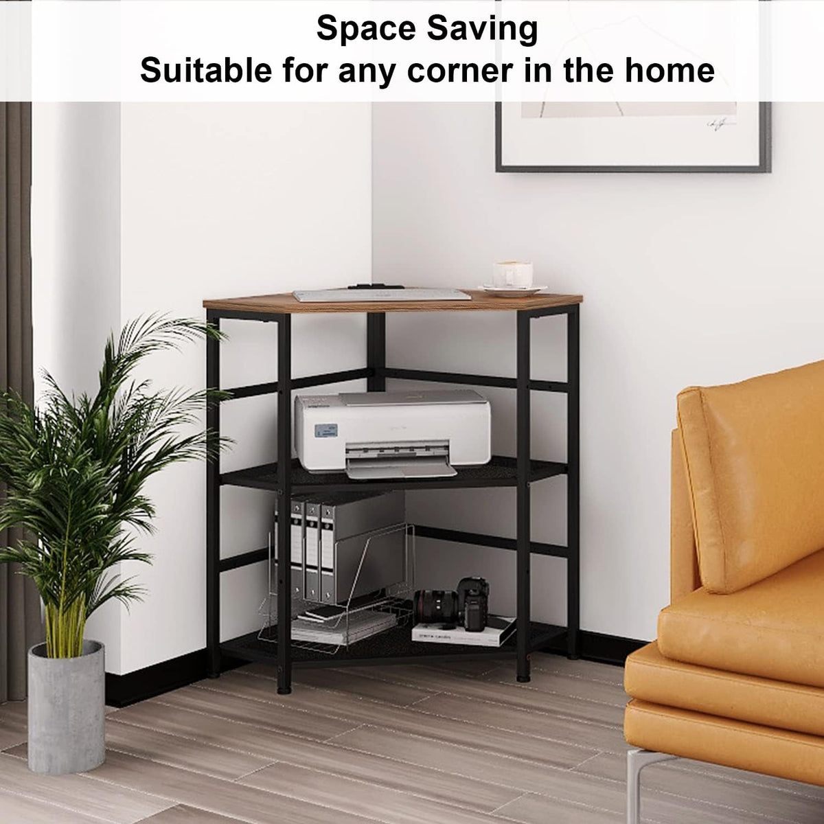 VEDECASA Corner Printer Stand Table with Power Outlet Charging Plugs USB Port Adjustable Storage Shelf Computer Tower CPU Stand Holder for Home Office (Brown)