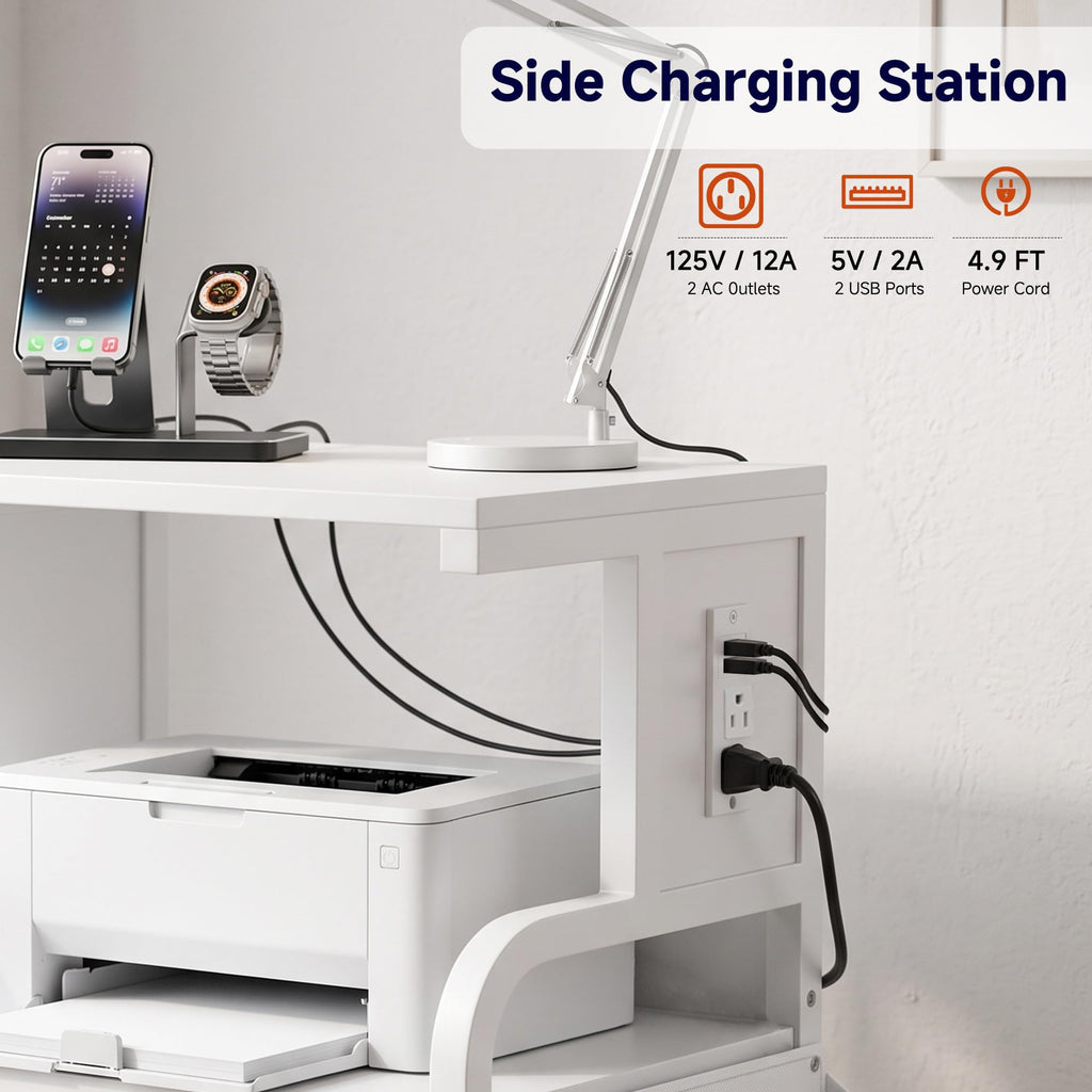 Tall Printer Stand with Charging Station, 4-Tier Mobile Cart, White