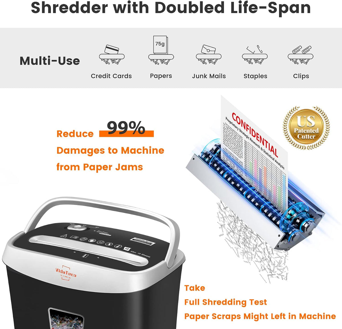 VidaTeco Paper Shredder for Home Office Heavy Duty with 60 Mins Running with US Patented Cutter,Shred CD/Card with Extra Large Bin,AUTO Jam Proof(ETL) (10-Sheet Micro-Cut)